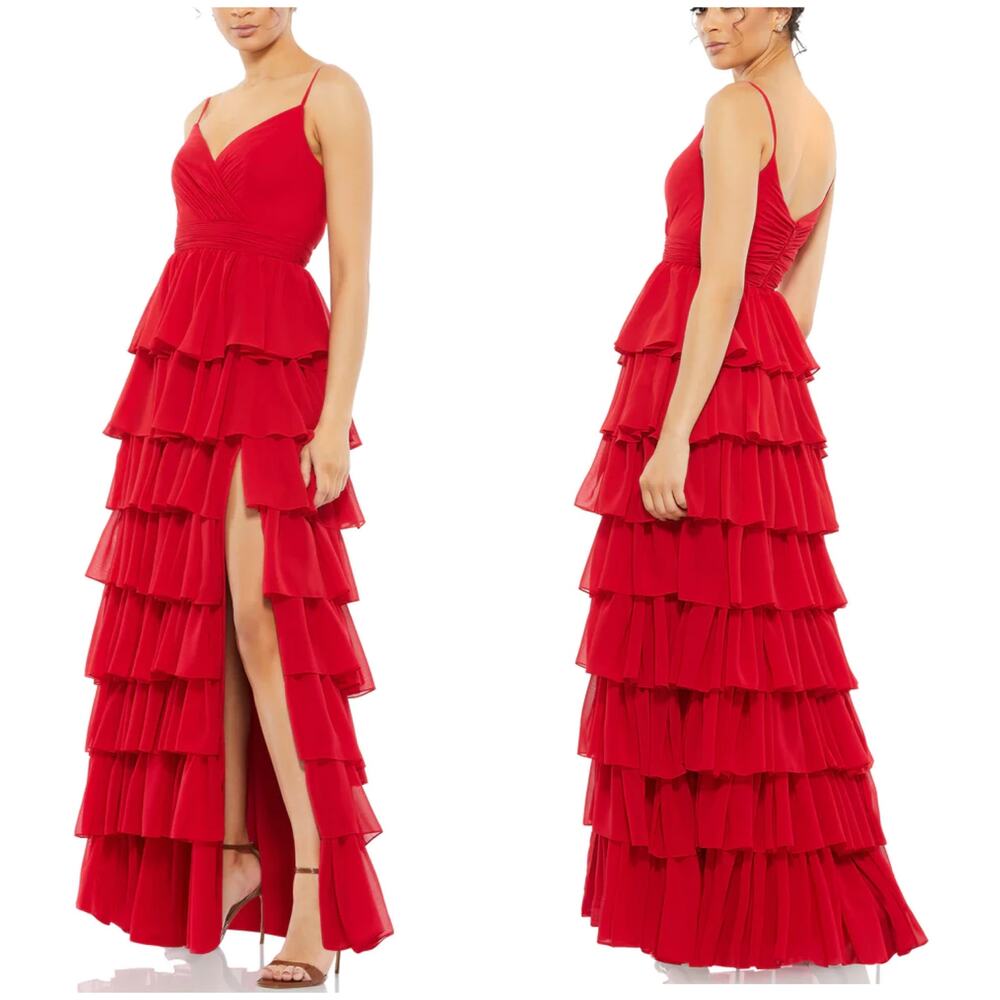 Mac Duggal NWT Sleek Tiered Ruffle A-line Chiffon Maxi Dress Sz 2 Red Sleeveless